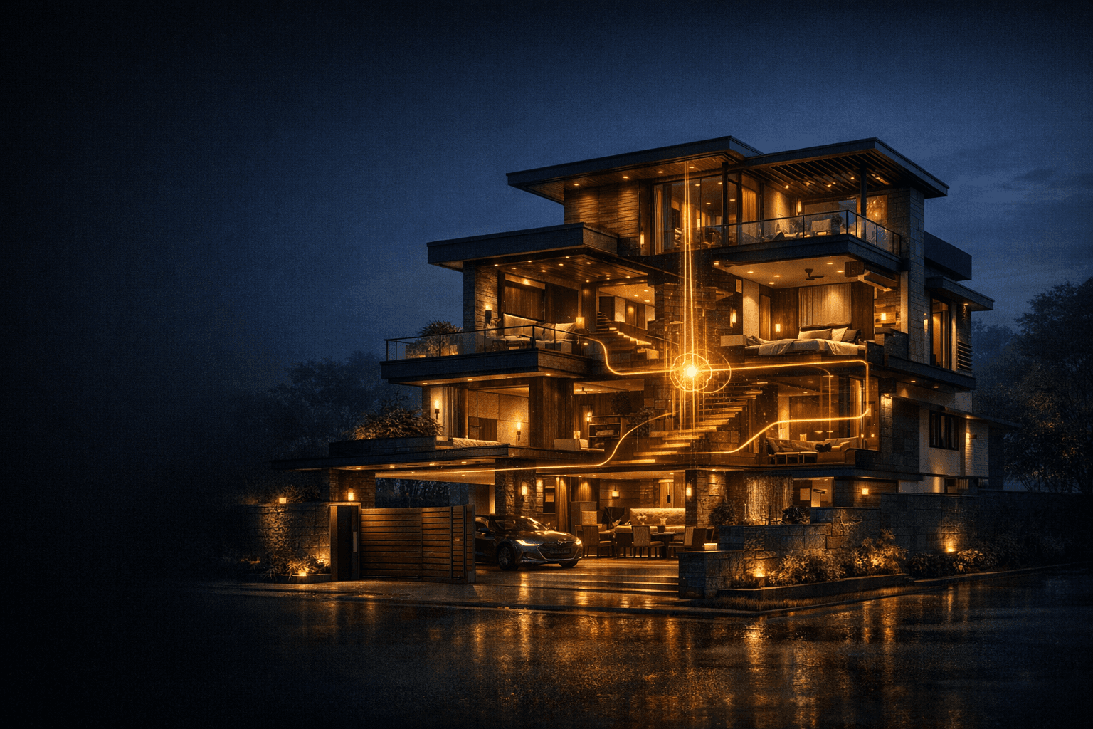 A connected Living Home with warm intelligence paths flowing through its rooms