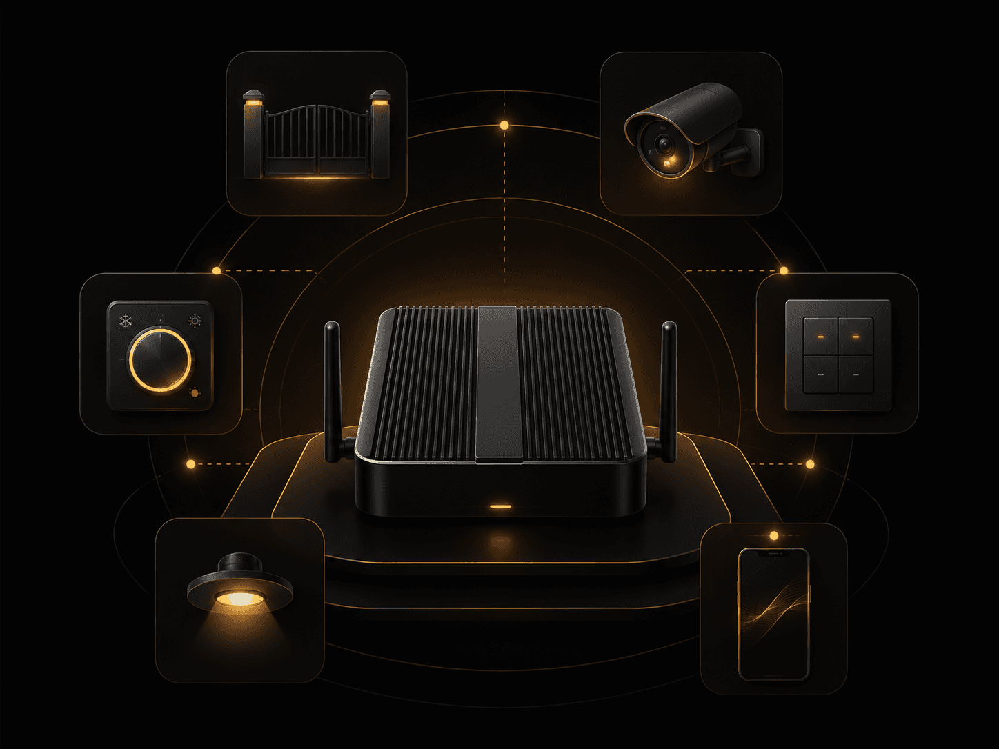 Onwords Home Pro gateway at the centre, with gate, CCTV, climate dial, smart switch, ceiling light and the Onwords app orbiting around it — one app for every system.