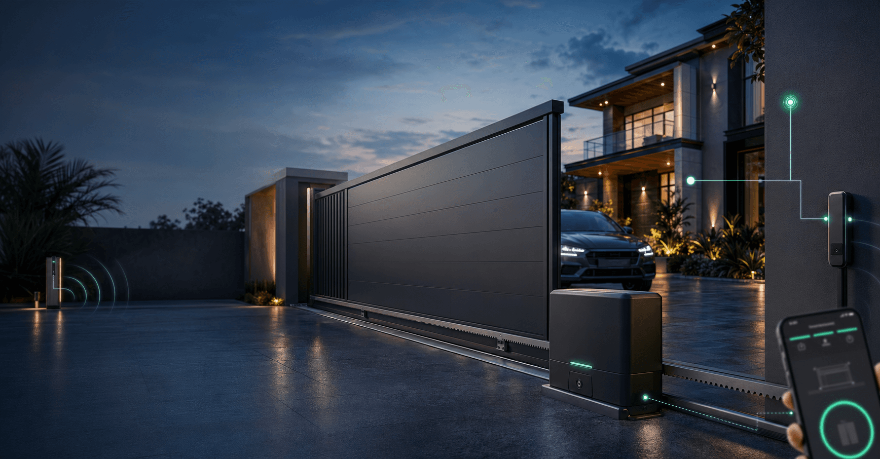 Sliding gate motor automation installed on a modern driveway