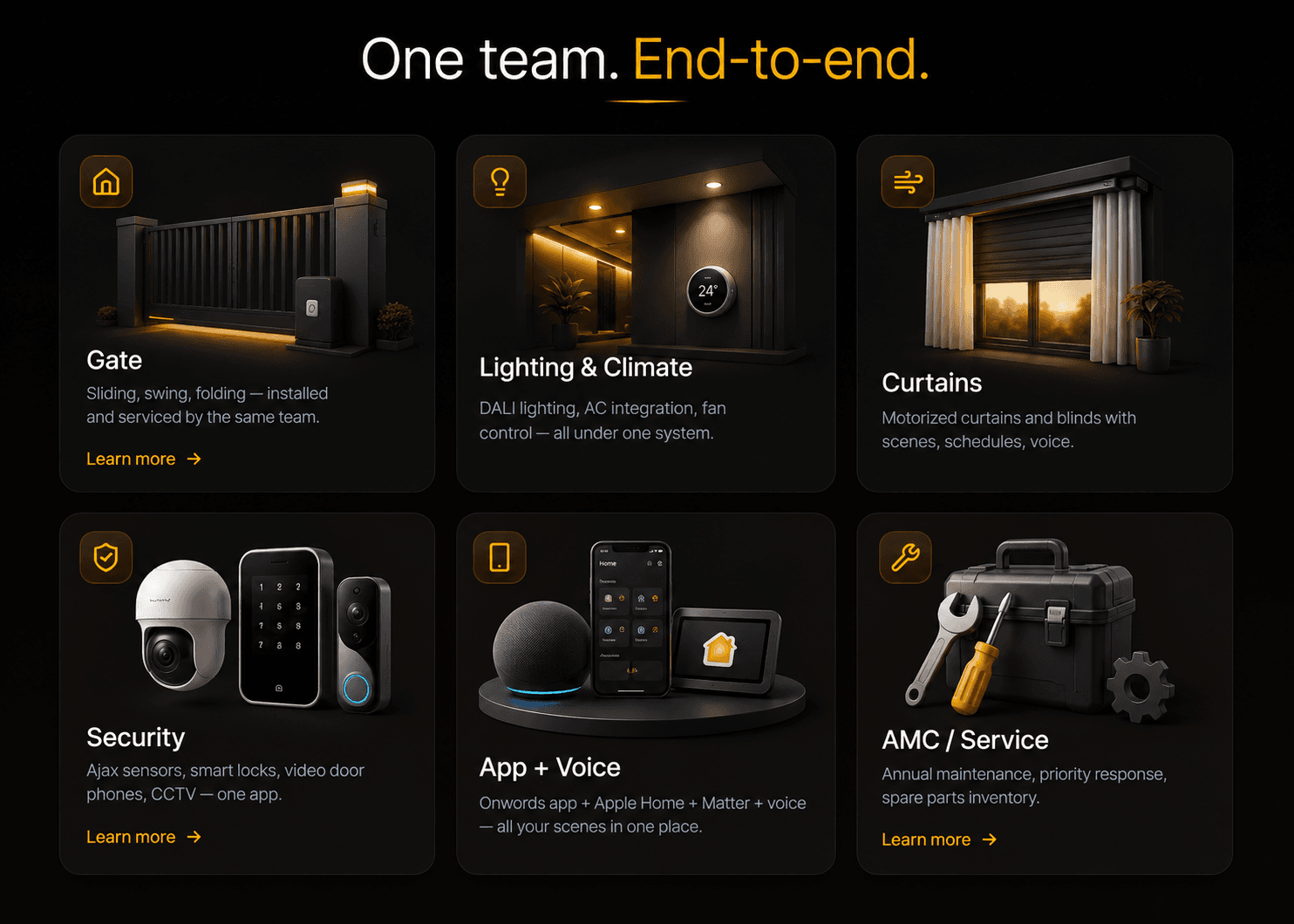 One team. End-to-end. Six services: Gate (sliding, swing, folding), Lighting and Climate (DALI lighting, AC integration, fan control), Curtains (motorized with scenes, schedules, voice), Security (Ajax sensors, smart locks, video door phones, CCTV), App and Voice (Onwords app with Apple Home, Matter, voice), AMC and Service (annual maintenance, priority response, spare parts inventory).