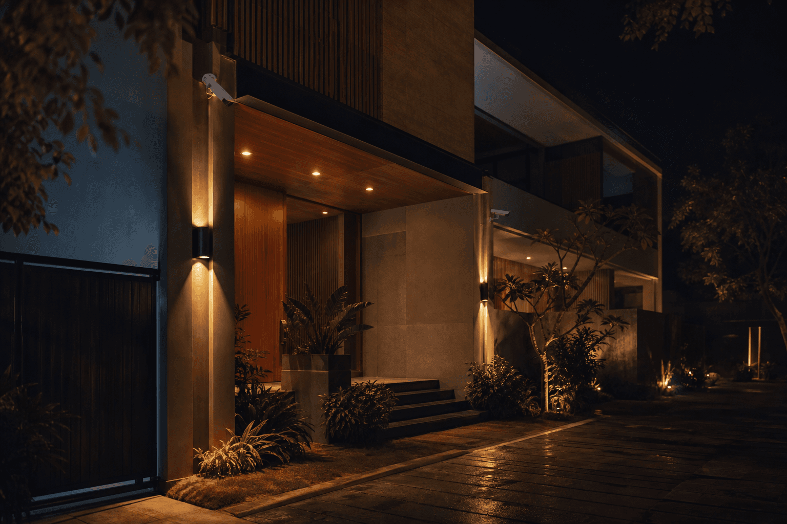 A premium Indian home at night with cameras integrated tastefully into a smart home