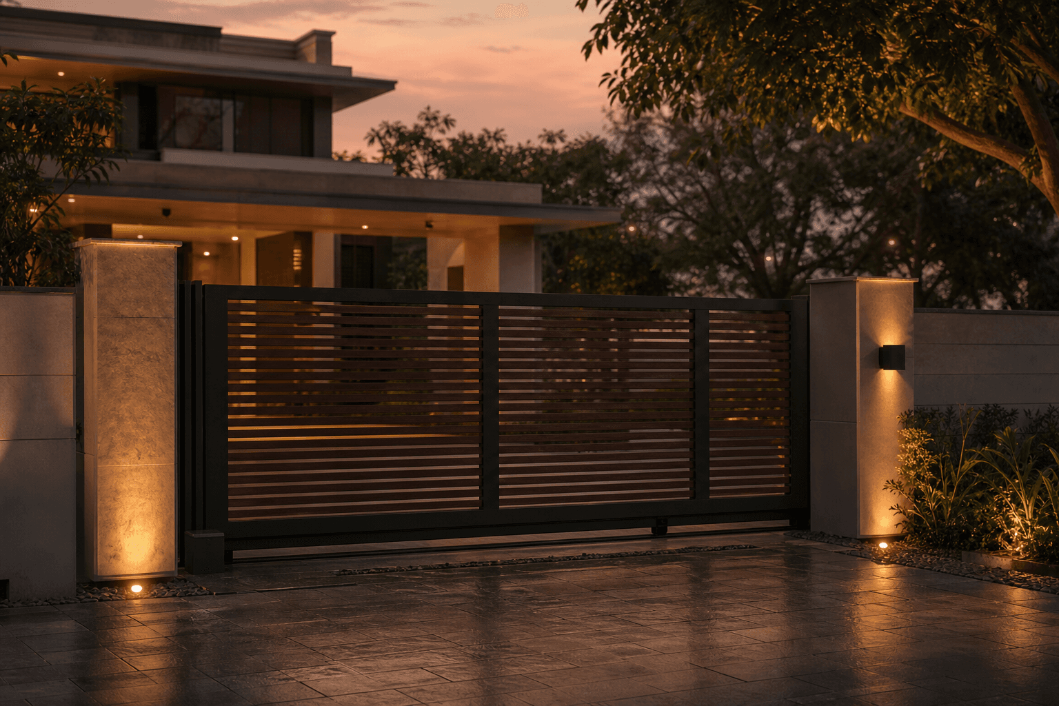 A premium automatic sliding gate installed with proper safety at an Indian home