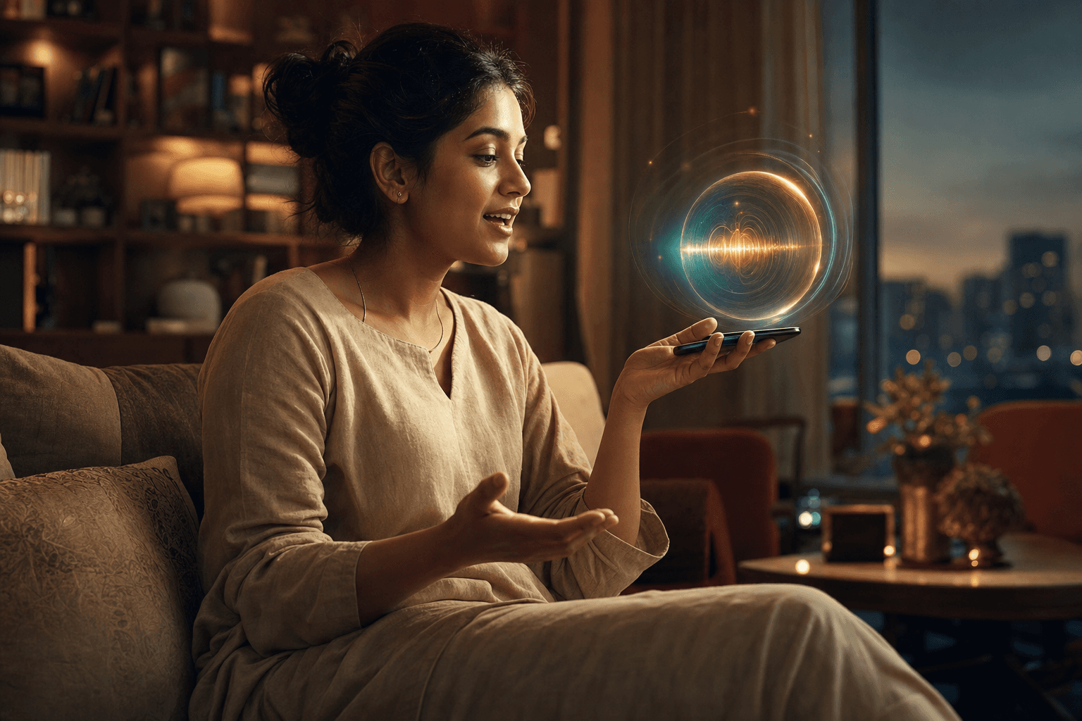 A person talking to Iniyal, the Onwords real-time voice assistant