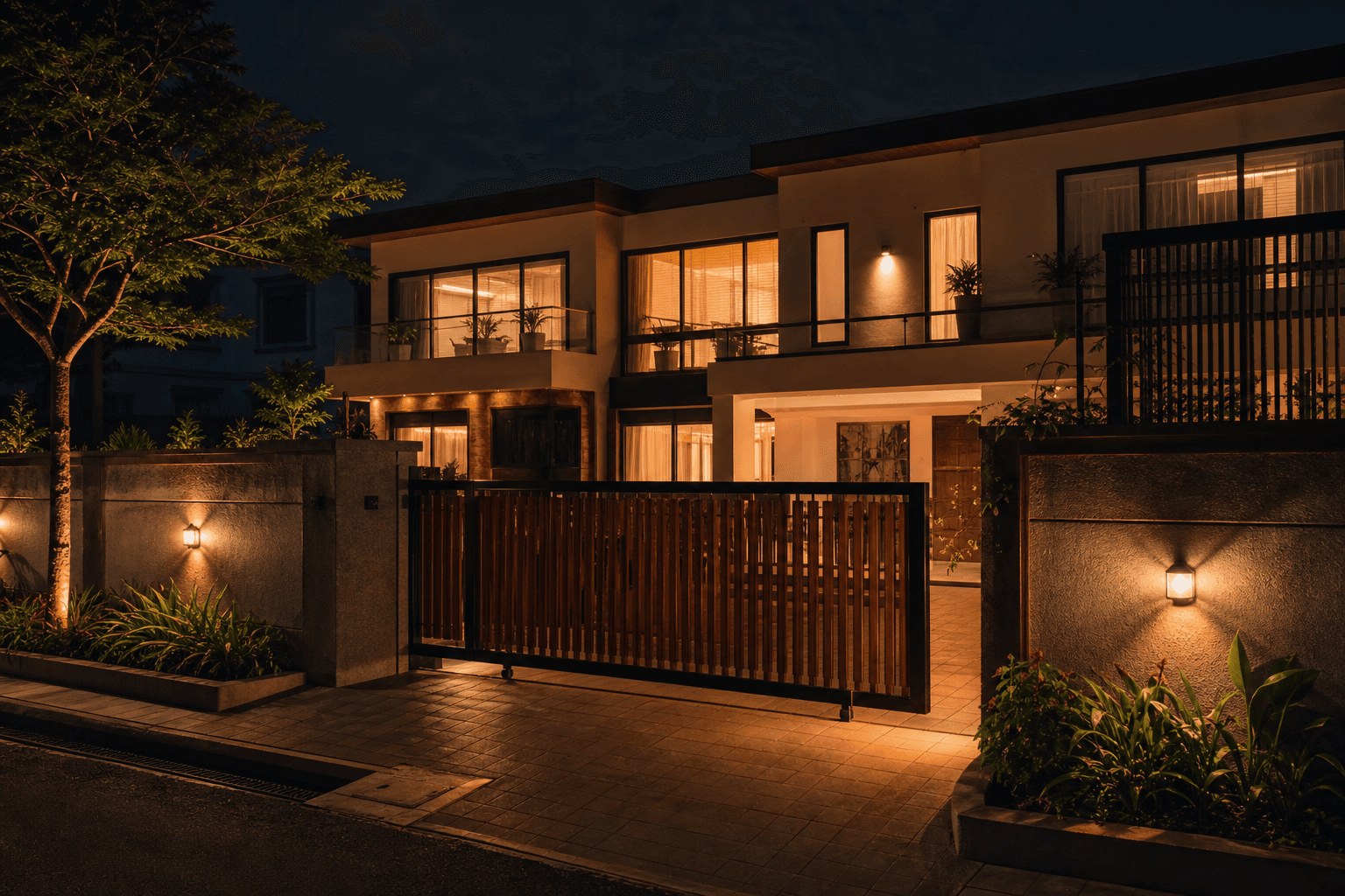 A premium Indian home softly lit to look lived-in while the owners travel