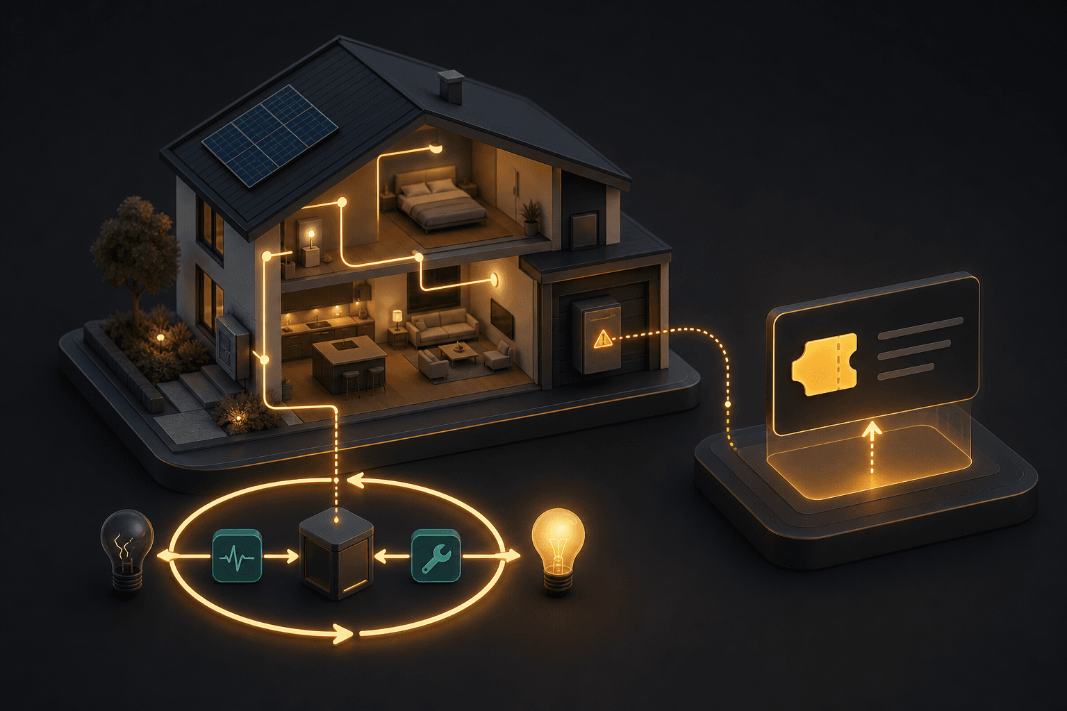 Diagram of a home healing a glitch and raising a support ticket