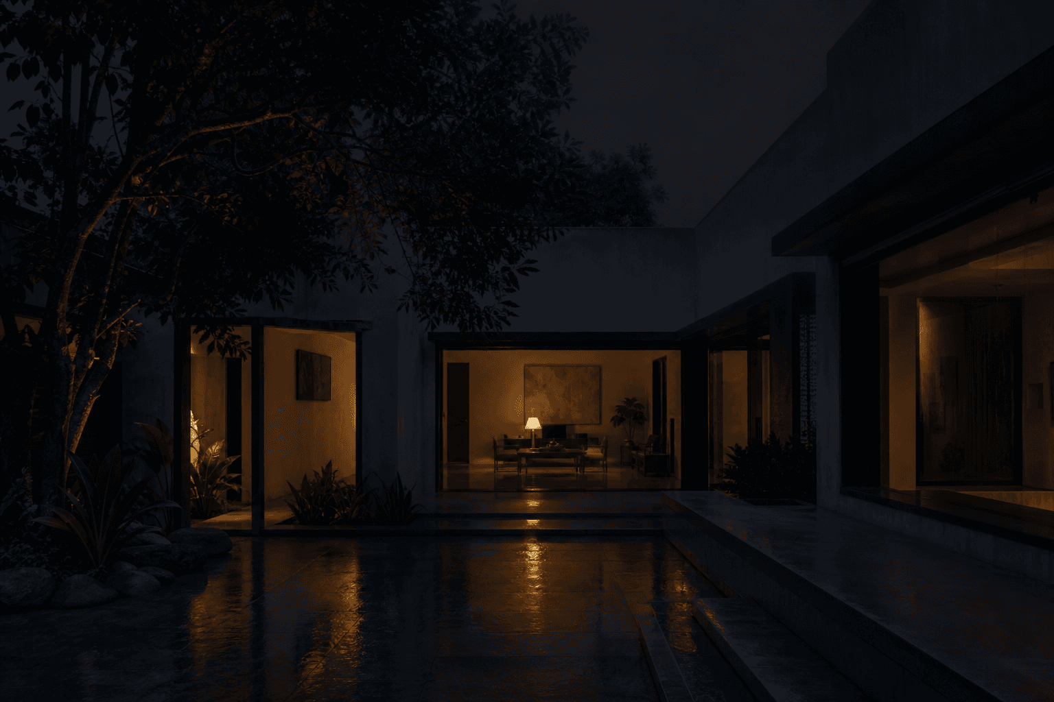 A calm night home with one light left on that the home has noticed