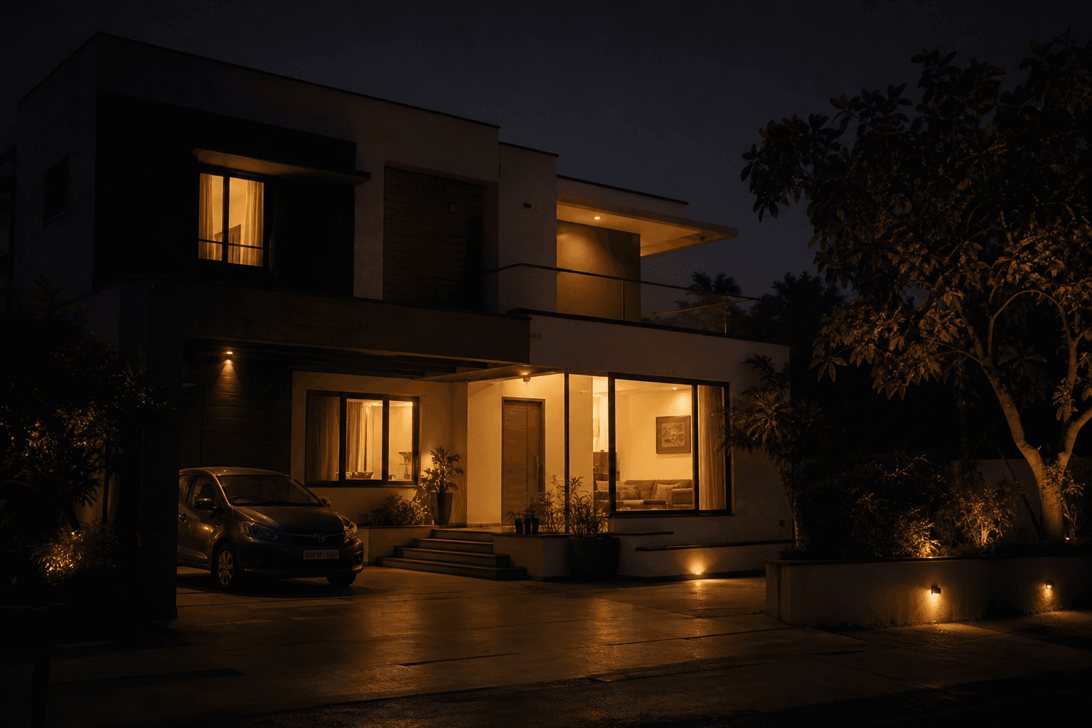 An energy-efficient premium Indian home lit only where needed in the evening
