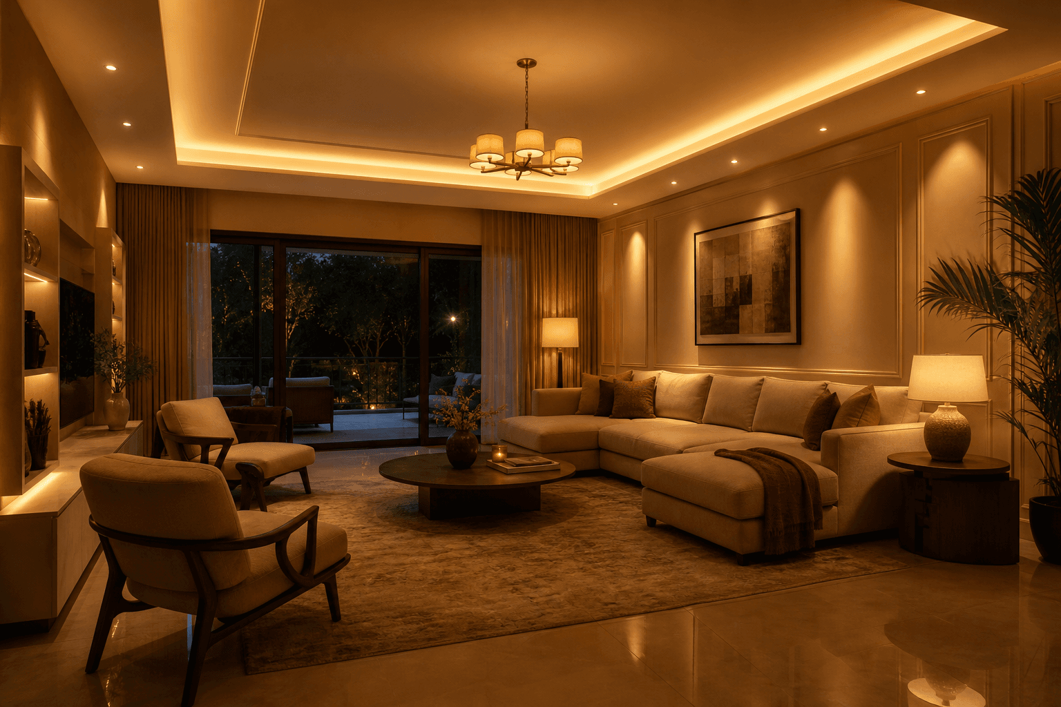 A premium Indian living room with beautiful layered smart lighting scenes