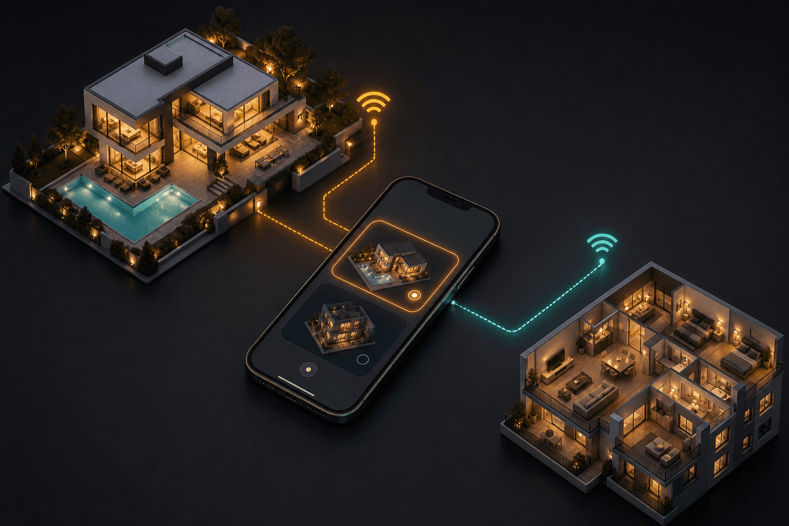 Diagram of a phone auto-switching between two smart homes by Wi-Fi