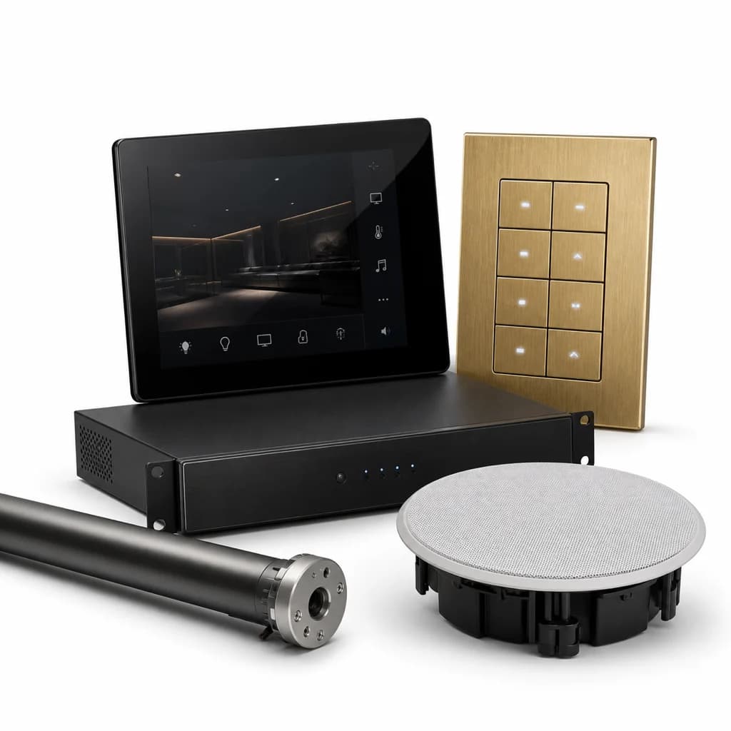 Crestron touchscreen, keypad, processor, shade motor and speaker