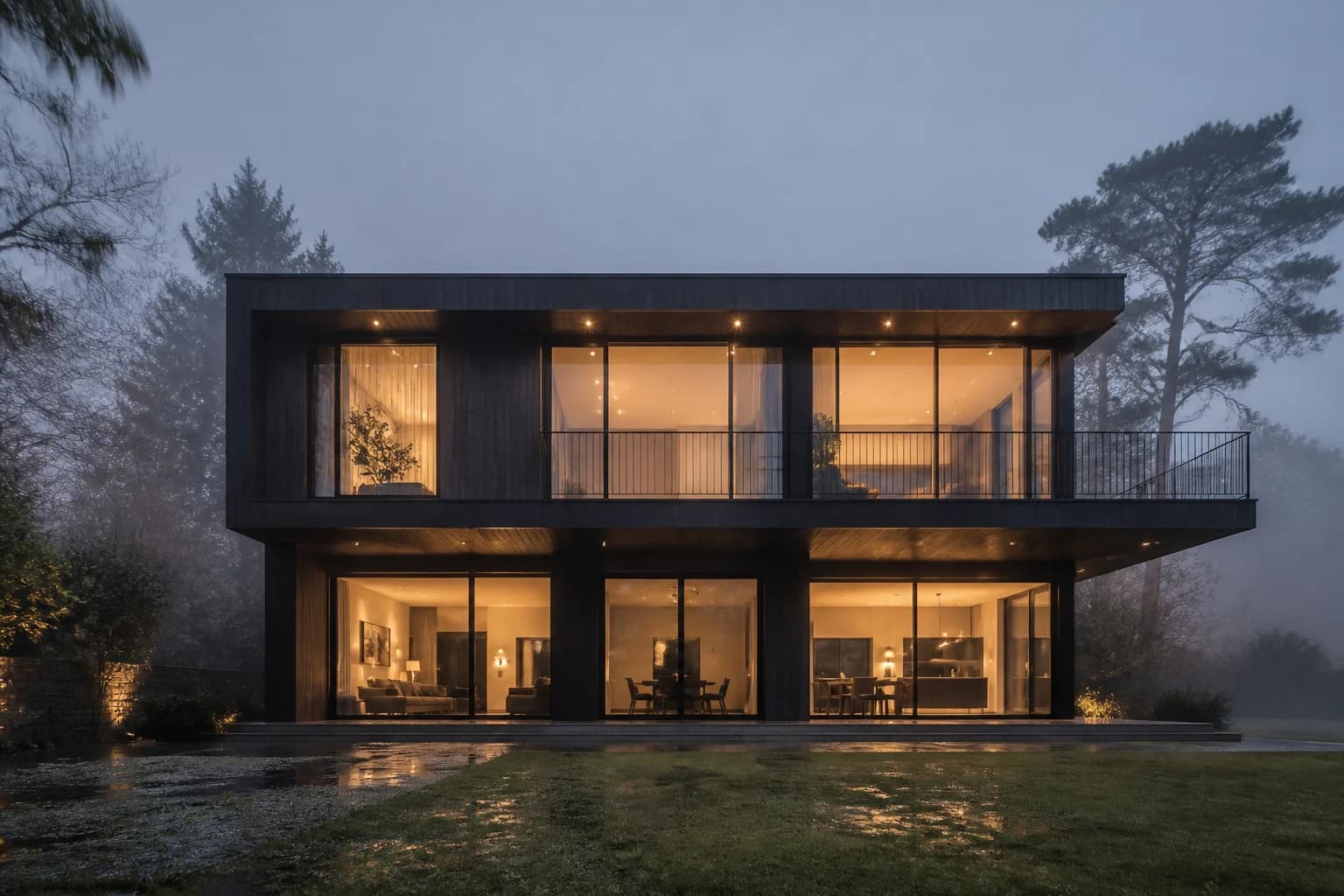 A Crestron villa at dusk, every room lit