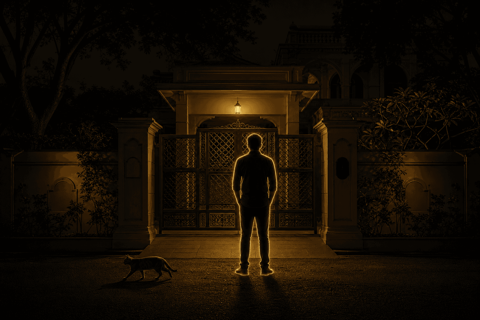 Night scene at a villa gate: the camera has drawn a gold detection outline around a person, while a passing cat is ignored