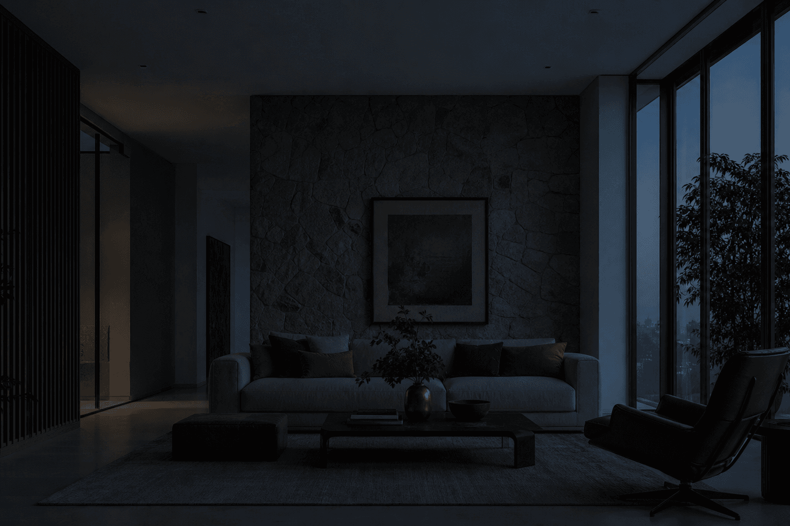 A room composed in three layers of light: ambient, task and accent