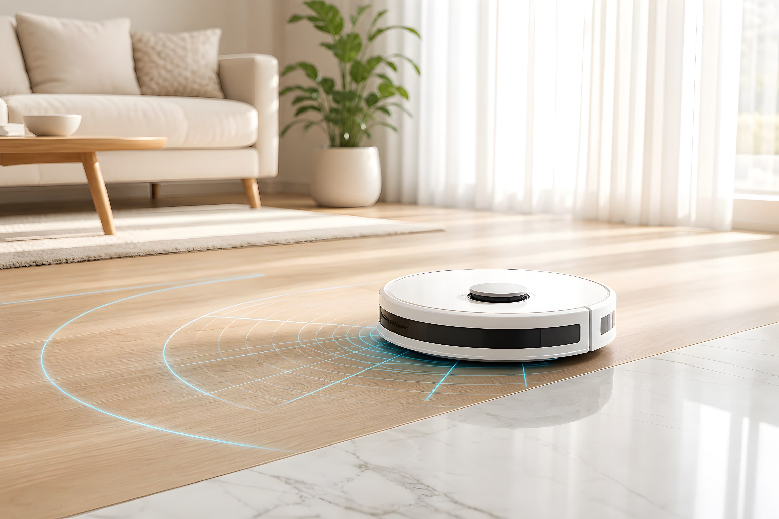 Tapo RV20 Max robot vacuum gliding across a sunlit living room with LiDAR scan arcs