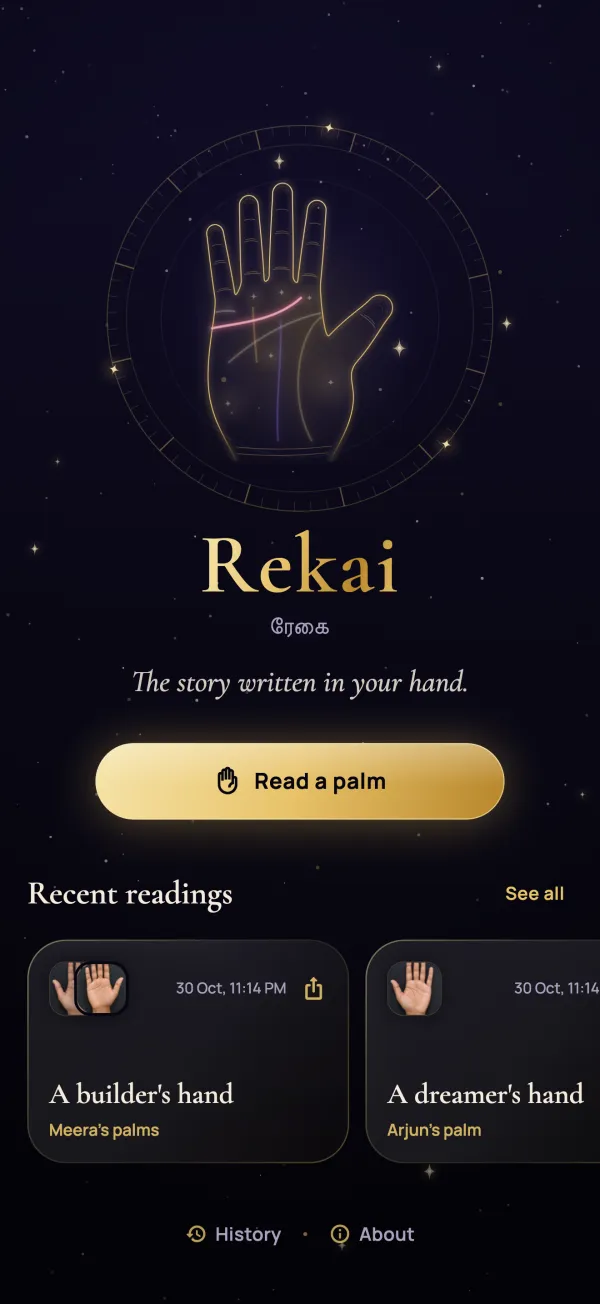 Rekai home screen with a glowing palm and the Read a palm button
