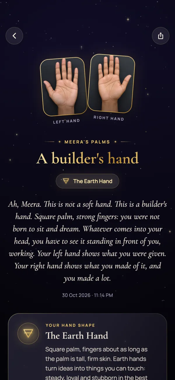 A reading titled A builder's hand, with the left and right palm photos