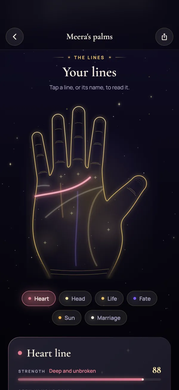 The palm chart with the heart line glowing and chips for each line