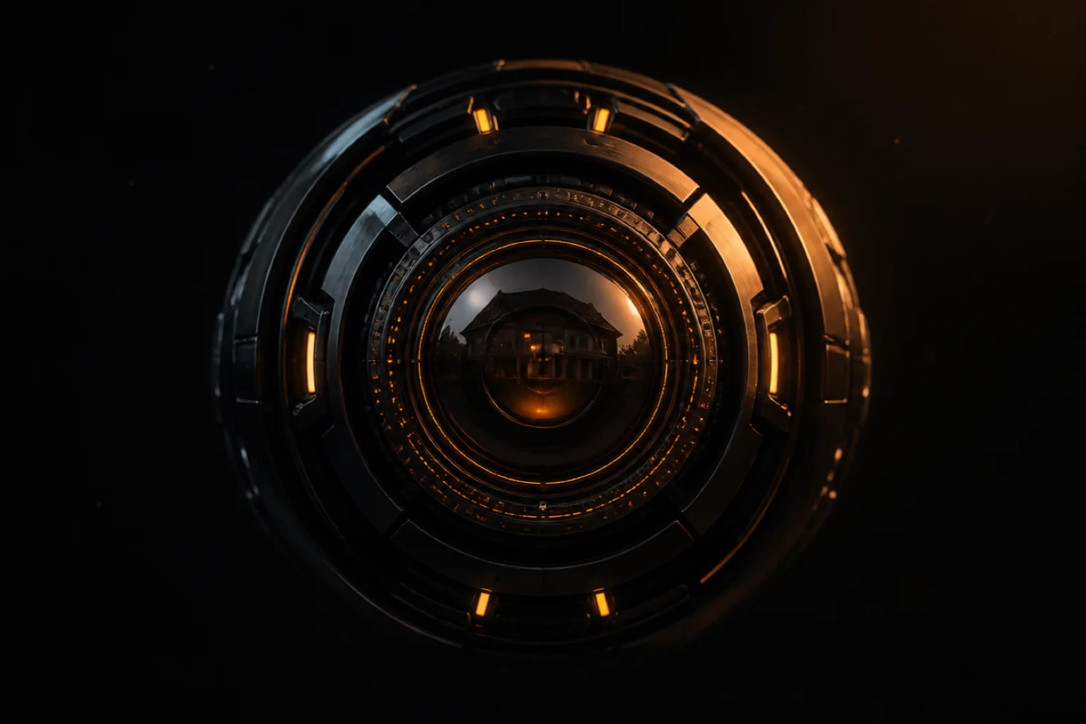 A robot eye reflecting a home