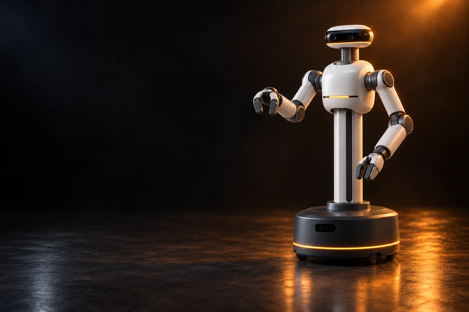 Onwords robot concept with a wheeled base, vertical lift, two white arms and a camera head