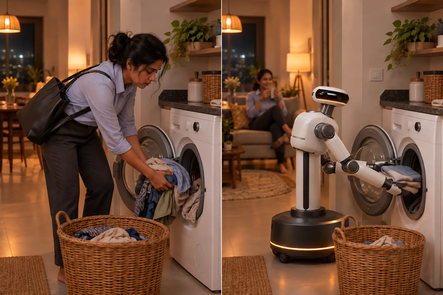 Left: a tired woman back from work loading the washing machine. Right: the robot loading the machine while she rests with a coffee