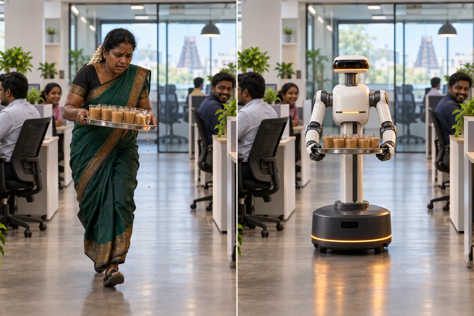 Left: an office assistant balancing a heavy tray of tea. Right: the robot carrying the same tray down the aisle