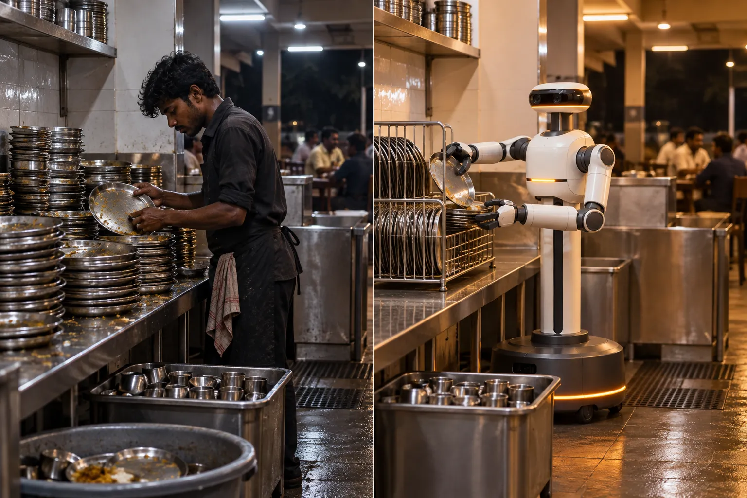 Left: a tired kitchen helper facing a pile of steel plates late at night. Right: the same corner, the robot stacking plates into the dish rack