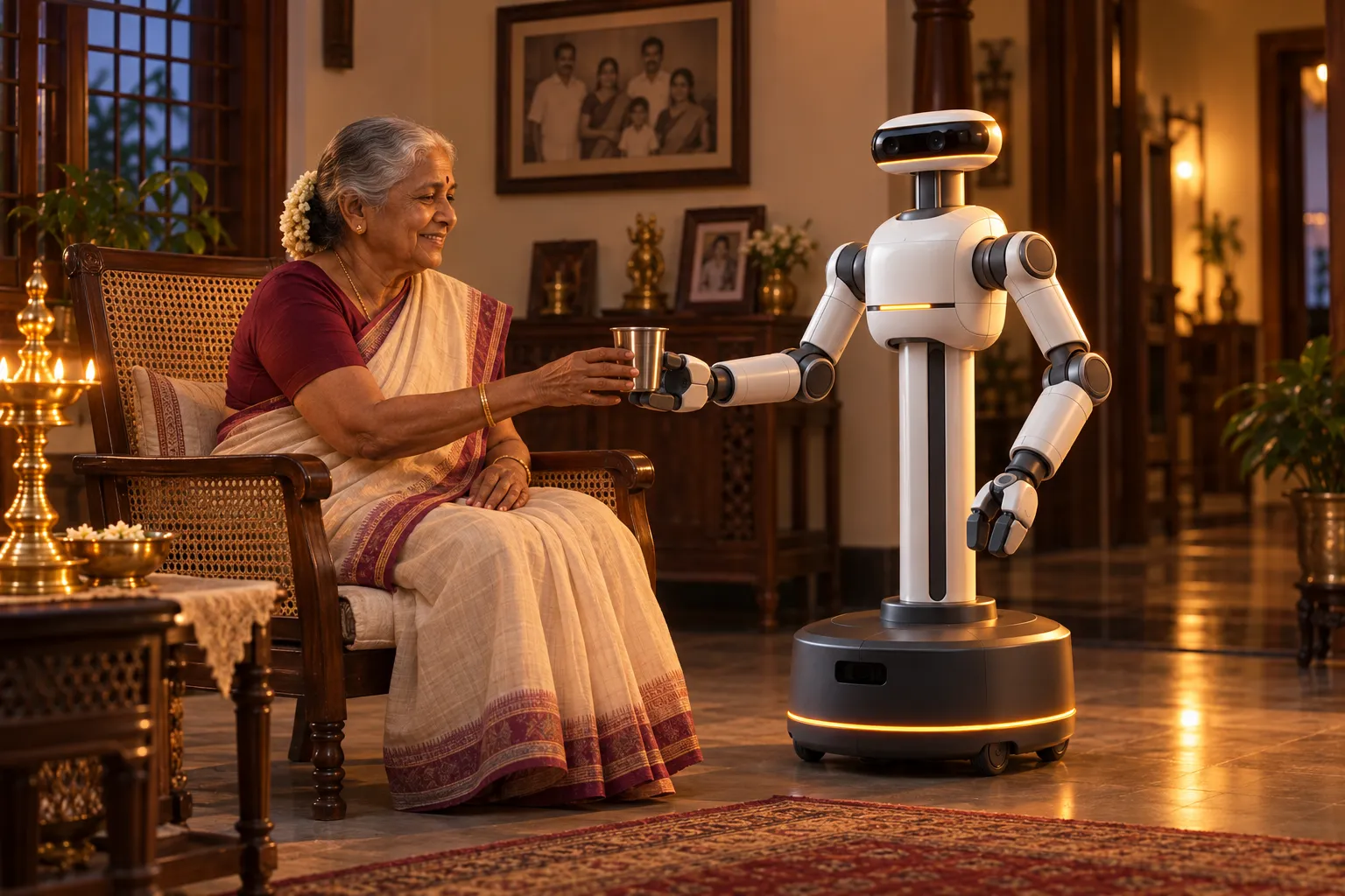 The robot gently hands a steel tumbler of water to a smiling grandmother in a cane chair