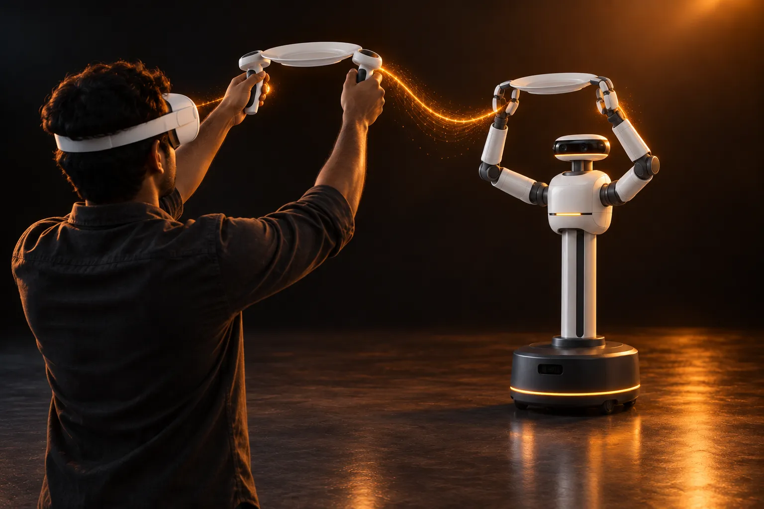 An engineer in a VR headset shows a lifting motion and the robot copies it