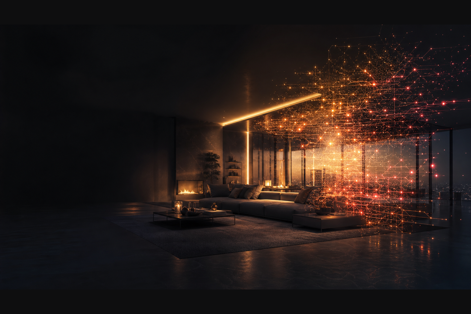 An Onwords smart home dissolving into a constellation of connected light