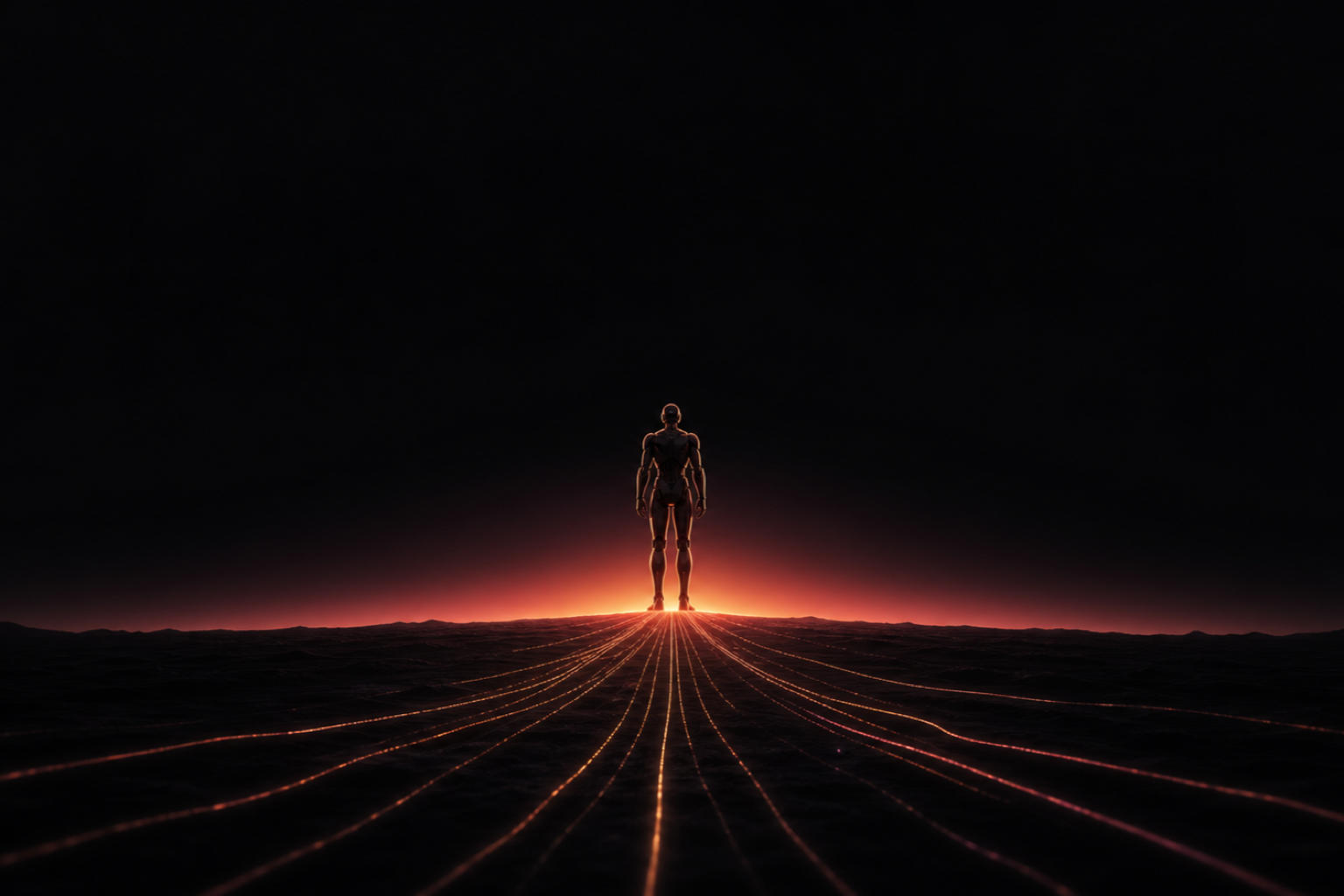 A humanoid silhouette on the horizon, lit by a warm glow